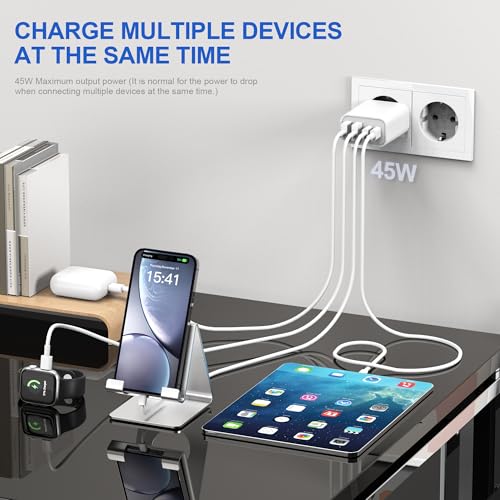 Cargador-USB-C-4-Puertos-Enchufe-USB-C-45W-para-iPhone-16-15-14-13-12-11-Pro-Max-SE-2020-XS-XR-X-8-Plus-ipad-Samsung-Cargador-Multiple-USBC-Carga-Rapida-Romalux-Cargador-Movil-Carga-Rapida-Tipo-C