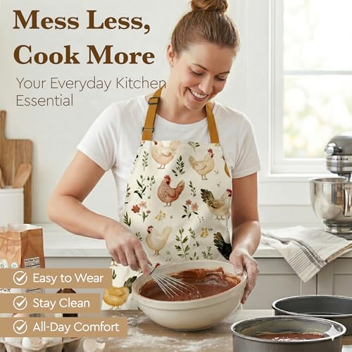 Farmhouse Chicken Apron Gift for Women,Hostess,Rustic Country Kitchen Apron with 2 Pockets Adjustable, Chicken Lover Apron for Cooking Baking Gardening, BIrthday Mothers Day Gift for Mom Grandma Wife - Image 4