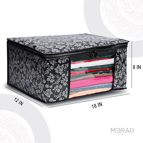 Image of Flower Printed Saree Covers for Cloth Storage & Wardrobe | Transparent Window, Zipper Closure | Black | Pack of 16 | Dustproof, Breathable, Travel & Home Use