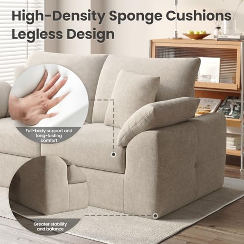 Image of 75.6 inch Modern Loveseat Sofa for Living Room, Cloud Boneless Couches with 4 Pillows, Mid Century Loveseat couches for Small Place, No Assembly Required, Camel