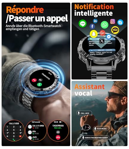 Montre Connectée Homme, 1.7'' HD Montre avec 1000 mAh, Smartwatch Homme Appel Bluetooth, Militaire LED Lampe, Fréquence Cardiaque, Moniteur de Sommeil, 114 Modes Sport, IP68 Étanche pour Android/iOS – Image 4