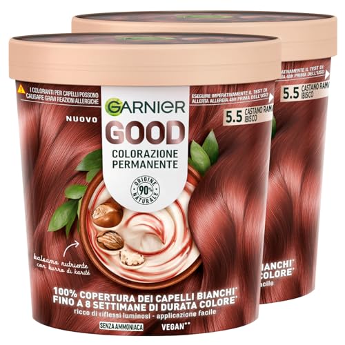Garnier Good Coloración Permanente 5.5 Castaño Cereza Tinte para Cabello Hasta 8 Semanas Color Brillante y Luminoso Cubre el 100% de las Canas Fórmula Vegana sin Amoniaco - 2 Paquetes