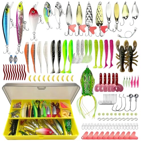 Angelköder Set mit - Professionelles Angelzubehör mit Köderbox, Inkl. Gummifische, Spinner Angeln, Hecht Köder & Forellenköder für Süß- Ideal als Angelset für Anfänger und Experten(131)