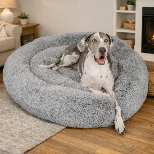 Image of ZEXSAZONE Summer Dog Calming Donut Bed for X-Large Size Dogs & Cats - 110x110x22 | Ultra-Soft Brown Color Faux Fur | Anti-Anxiety Comfy Pet Bed for Cozy Deep Sleep