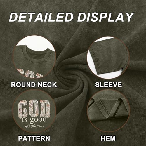 Image of Christian God is Good Shirts for Women Jesus Faith Religious T Shirts Floral Graphic Oversized Acid Washed Tee Tops