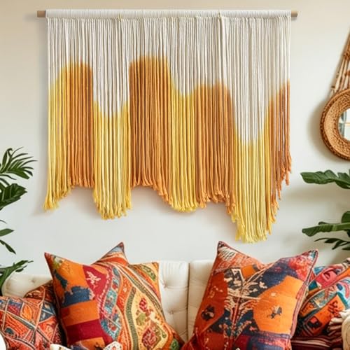 Image of IOWER Macrame Wall Hanging Yellow Dip Dye Boho Wall Decor Fiber Wall Art Modern Wall Decor Boho Wall Art for Living Room Bedroom Apartment 27 inch W x 26.8 inch L