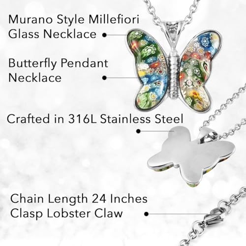 Shop LC Colorful Dainty Butterfly Necklace for Women Murano Style Millefiori Glass Cute Aesthetic Beach Jewelry Friendship Birthday Gifts for Women for Friend Mom 20" Birthday Gifts3