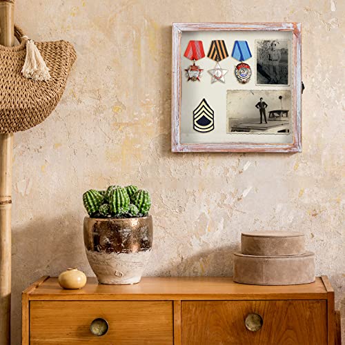 Image of TJ.MOREE Shadow Box 11 x 11 Display Case Wood Picture Frame White Pink | Memory Box with Linen Back for Memorabilia, Bouquet, Military Medals, Pet Memorial Gifts