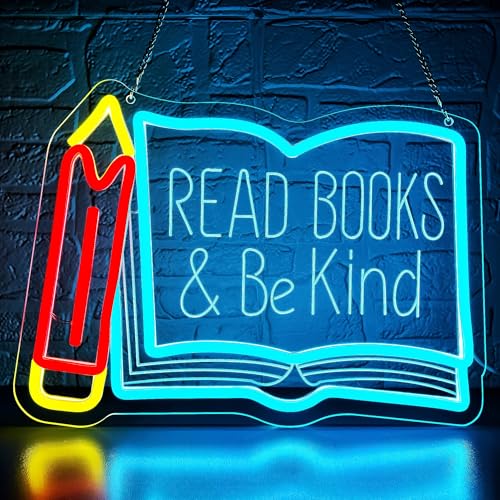 Image of Read Books Be Kind Neon Sign for Wall Decor Reading Neon Light Study Room | Dimmable Led Neon,Teen Birthday Reading Gifts,5V USB Powered,Bookstore Bedroom Decor, Classroom Library Wall Art,13.7*10in