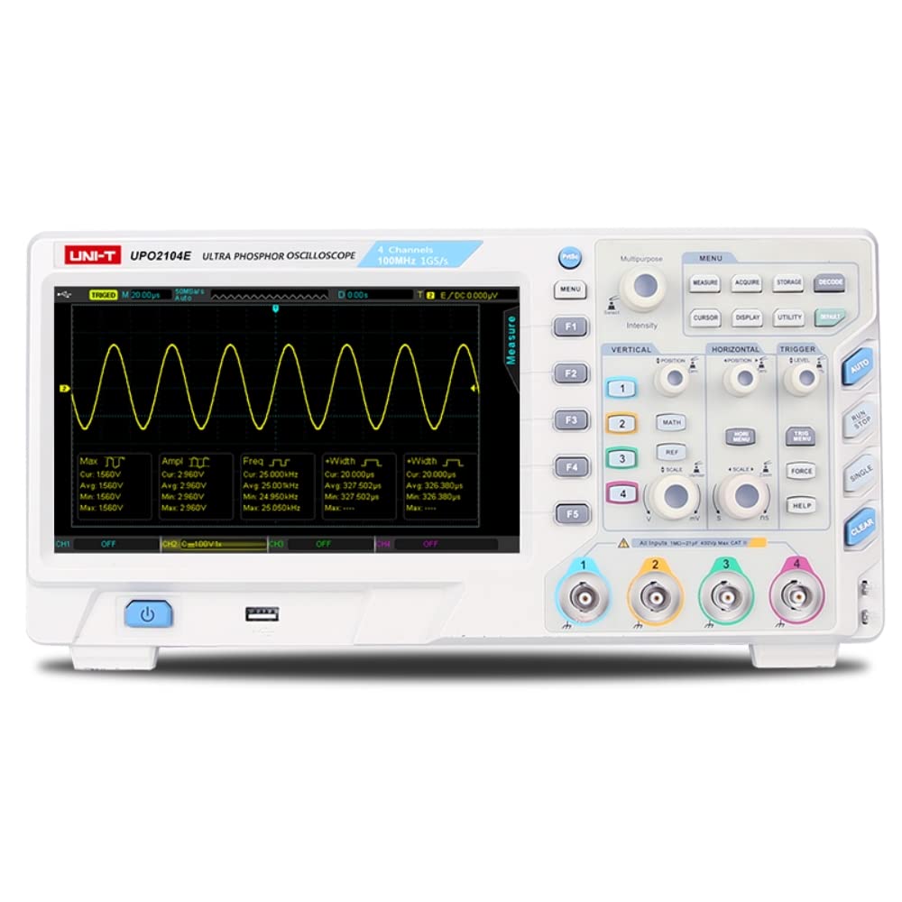 UNI-T UPO2104E - Osciloscopio digital de 4 canales, 100 MHz, 1 GSa/s, profundidad de memoria de 56 Mpts, 80000 Wfms/s, 8 pulgadas TFT LCD WVGA (800 x 480)