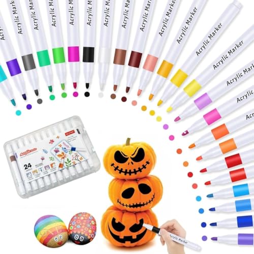 Image of Wynhard Acrylic Markers Pen Paint Acrylic Colour Pens for Painting Acryli Colour Markers Set 24 Shades Paint Pens Markers for Rock, Wood, Canvas, Stone, Glass, Ceramic, Fabric DIY Crafts Art Supplies