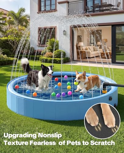 Image of 79'' Dog Pool with Sprinkler, Foldable Dog Pools for Large Dogs, 2-in-1 Non-Slip Swimming Pool for Dogs & Kids, Heavy Duty Hard Plastic Pet Bathing Tub for Outdoor Backyard, Blue