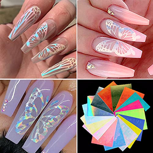 16Pcs Butterfly Nail Art Stickers - Holographic Butterfly Nail Art Decals 3D Vinyls Nail Stencil For Nails Manicure Tape Adhesive Foils Diy Decoration #TOP14