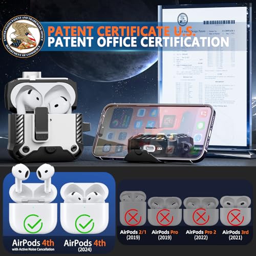 Image of for AirPods 4 Case with Lock & Phone Stand(White) | Automatic Snap Switch Lock,Carbon Fiber Texture Design Cover with Cleaner Kit