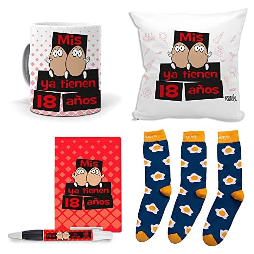 mundohuevo Mega Regalo Personalizado para 18 cumpleaños Hombre. Mis Huevos ya Tienen 18 años. Taza, cojin, libreta, boli y Trio de Calcetines