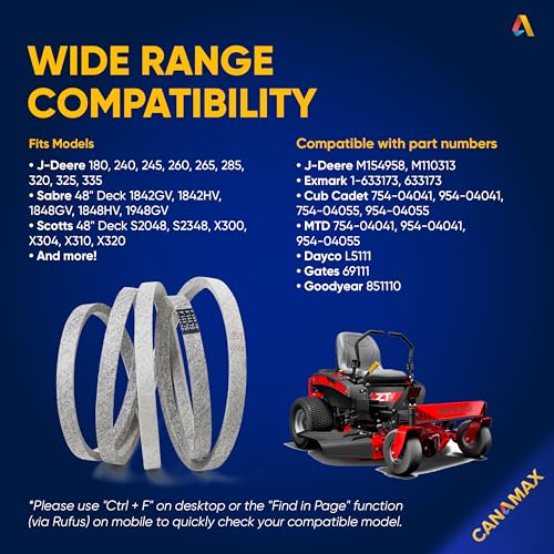 Image of 【Upgraded 2026】 M154958 Mower Deck Belt by Canamax - for 48 Inch Decks John Deere GT235 X300 345 X320 325 GT275 | Aramid Cord | 111.4 inch x 5 /8 inch