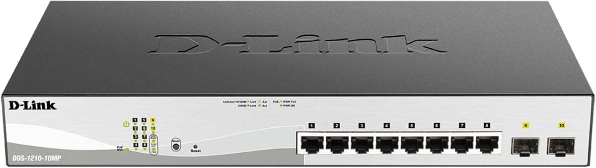 Conmutador PoE+ gestionado inteligente Gigabit de 10 puertos D-Link | 8 puertos PoE+ (130W) + 2 puertos SFP | L2+ | VLAN | Gestionado web | Modo de vigilancia | Escritorio o montaje en rack | Sin ventilador | Cumple con NDAA DGS-1210-10MP