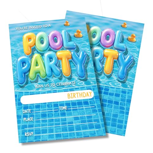 RYIGYWE 3D Style Pool Party Invitations with Envelopes, 20 Count Kids Summer Birthday Invites, Colorful Water Park Theme Celebration Supplies, Easy Fill-in Cards - B07