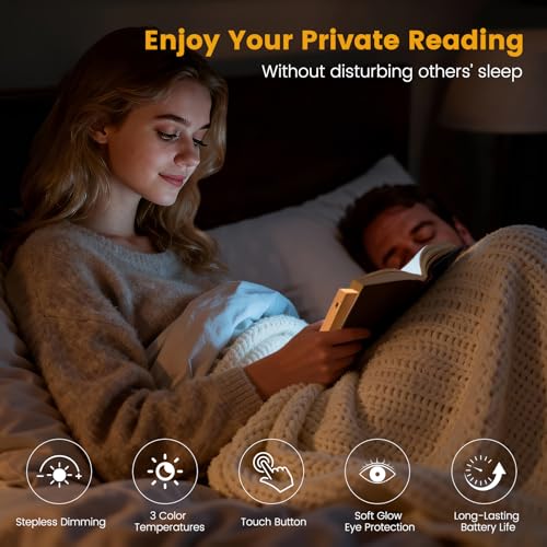 Maxspace Leselampe Buch, 3 Lichtfarben Dimmbares LED Buchlampe mit Holzsockel und Kratzfest Hartglas-Panel,Wiederaufladbare Buch Leselampe für Nachtlesungen im Bett (Holz)