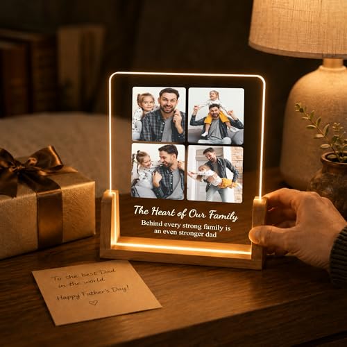 Image of Giftplease Fathers Day Tabletop Rectangular Acrylic Wood Photo Frame | Custom Picture Layout Warm Led Light Base Desktop Night Decor Standee for Papa Dad Husband Stepdad Grandfather