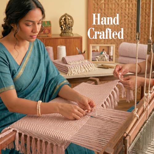 Image of SAJAVAT HOME Hand-Knitted Cotton Sofa Throw | Light Pink Tassel Design for 3 & 5 Seater Sofa & Bed | Soft Lightweight All-Season Throw Blanket (80x52 Inches)