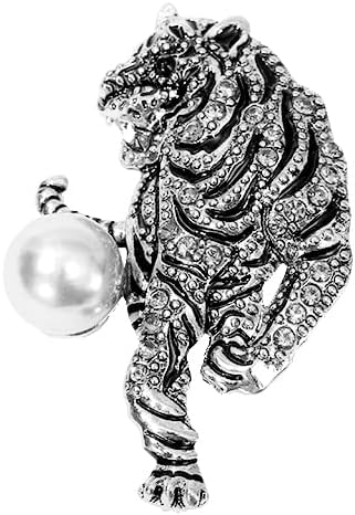 Rhinestone Crystal Tiger Brooch Pin,Enamel Animal Tiger Pearl Suit Lapel Pin Lion Coat Collar Brooch Badge Jewelry for Women Men