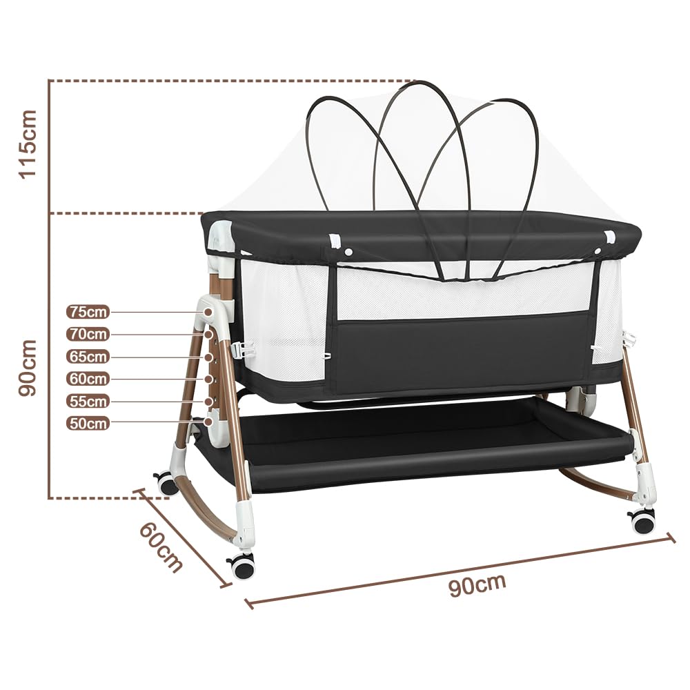 LANTUS Berceau 3 en 1, Lit Cododo, Berceau à Inclinaison, Hauteur réglable sur 6 Niveaux(50-75cm(50-55 - 60-65- 70-75)), jusqu'à 50kg, Roues 360º, Moustiquaire, 90 x 60 x 90-115 cm – Noir + Or
