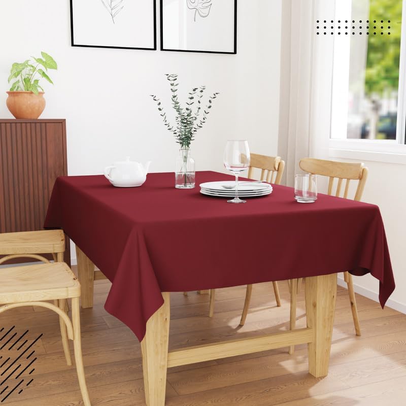 Image of Encasa XO Dining Table Cover Cloth for 6 to 8 Seater | 140x230 cm Cotton Canvas Rectangular Table Cloth | Machine Washable Tablecloth for Indoor & Outdoor Use - Rich Maroon Solid Color
