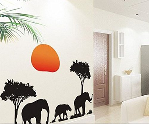 African Elephants Trees Sunset Removable Vinyl Wall Stickers Mural Home Art Decal Kids Room Decor