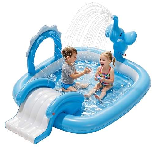 QPAU Elephant Kids Pool with Slide and Sprinkler, Inflatable Play Center with 4 Rings, 72 × 64 × 37 in, Fast Inflation Kiddie Pool for Garden & Backyard, Birthday Gift for Ages 1+ (Blue) - image 1