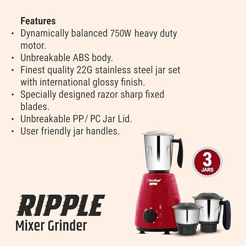 Image of Greenchef Ripple Mixer Grinder - 3 Stainless Steel Jars with Stainless Steel Blades, 750 Watts, 230-240v, 18000 RPM, Red Color, ABS Body, ISI Certified, Heavy Duty Motor, 5 Year Warranty on Motor