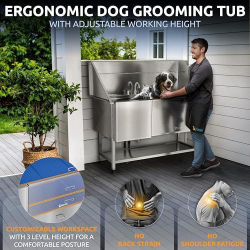 Image of KANIS Professional Dog Washing Station 304 Stainless Steel Pet Wash Sink & Grooming Bathtub w /Shower, Floor Grates and Storage for Large, Medium & Small Pets (Silver, 61 Inches, Left Ramp, Shelf)
