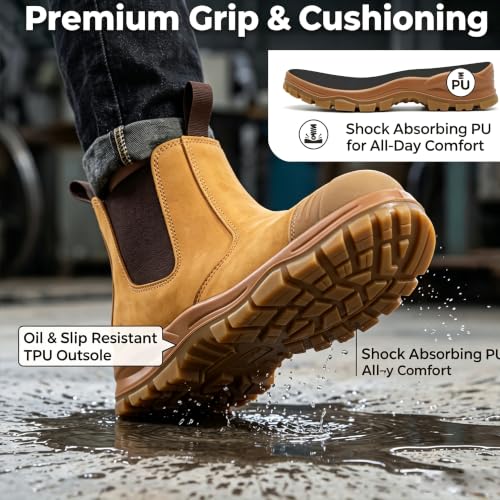 Image of BPKW Men's Steel Toe Work Boots Slip On Nubuck Leather Safety Boots Scuff Cap