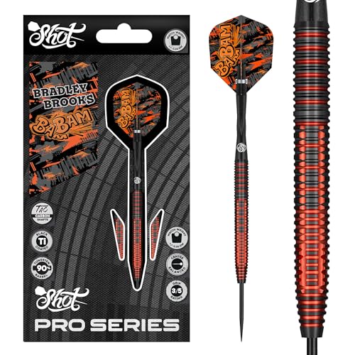 Shot! Darts Bradley Brooks Steel Tip Dart Set | 90% Tungsten Barrels | Precision Machined for Accuracy | Darts for All Skill Levels | Rear Gripper Metal Tip Darts | Made in New Zealand