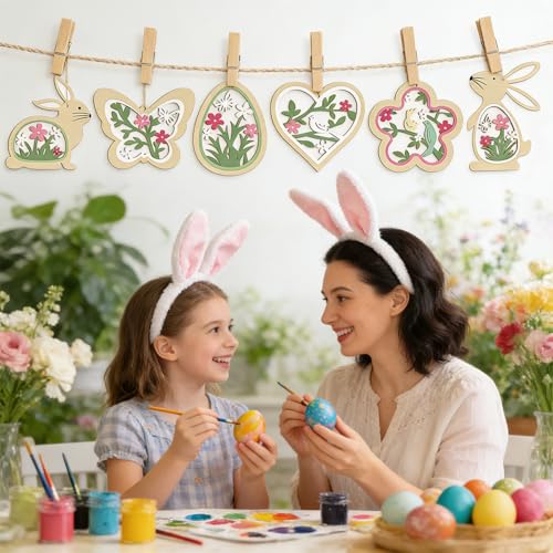 VgxRolq 24 Stück Osterdeko Anhänger Holz, Frühlingsdeko mit Hasen Ostereier Schmetterlinge Blumen, Ostern Deko, Frühlingsdeko zum Aufhängen für Wände, Fenster, Körbe, Äste