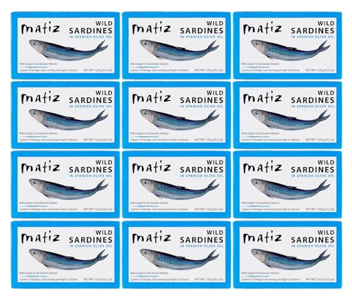 Matiz Sardines in Olive Oil, 4.2 Ounce Can (Pack of 12) Spanish Gourmet Wild Caught Natural Fish for Tapas, Snacks, or Meals, Protein Rich, Sealed Freshness