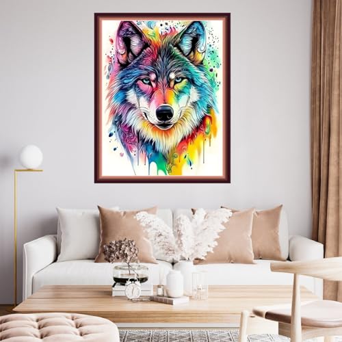 Image of Fanxvivy Stamped Cross Stitch Kits for Beginners Full Range of Cross Stitching Preprinted Embroidery Kits for Adults, 11CT Embroidery Pattern Needlepoint Kits-Colorful Wolf 16x20 inch