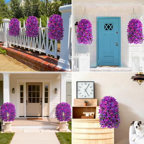 Image of Bassion 2 Pcs Artificial Hanging Bougainvillea for Outdoors, Mix Purple | UV resistant hanging flowers, realistic no fade faux plants, outside planters patio garden yard front door porch decoration