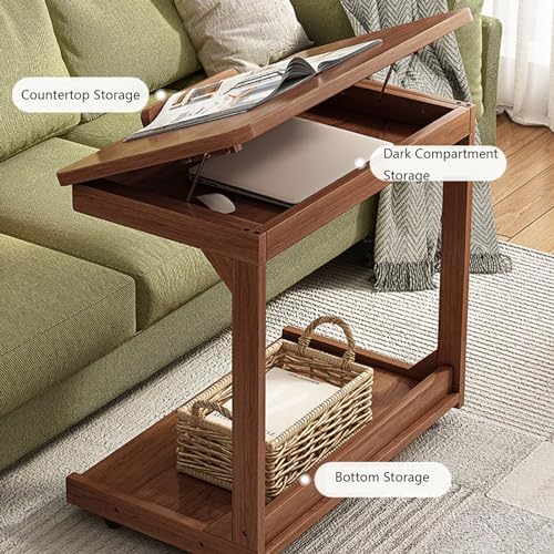 Table de chevet en bois massif avec roulettes et rangement rabattable - 5