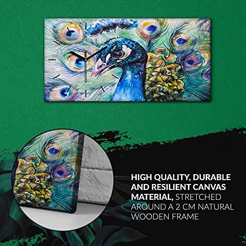 Horloge sur Toile Peacock 60x30cm - Cadre Décoratif Animal de Pétrole - 6