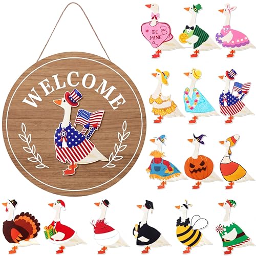 Memorywuu 16 Pcs Memorial Day Independence Day Interchangeable Welcome Sign 12 Inch Holiday Seasonal Wooden Sign Goose Welcome Tag with Wooden Holiday Magnet Goose for Front Porch Door(Burlywood)