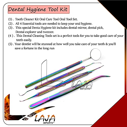 Laja Imports Dental Tools, 4-Pack Dental Hygiene Tool Dental Kit, Mouth Mirror, Dental Pick, Tweezers, Stainless Steel Rainbow Multi-Color #TOP4