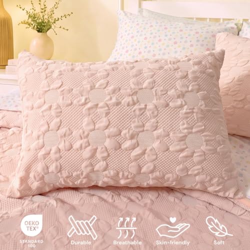 Image of Full Size Comforter Sets for Girls - 7 Pieces Pink Dasiy Bed in a Bag | Jacquard Floral Full Bedding Set, Soft Lightweight Cute Comforter with Printed Sheets, Pillowcases & Shams for All Seasons