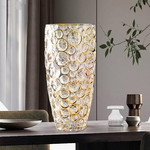 Handbemalte goldene runde Kristallglas-Blumenvase, 30 cm, moderne Vase für...