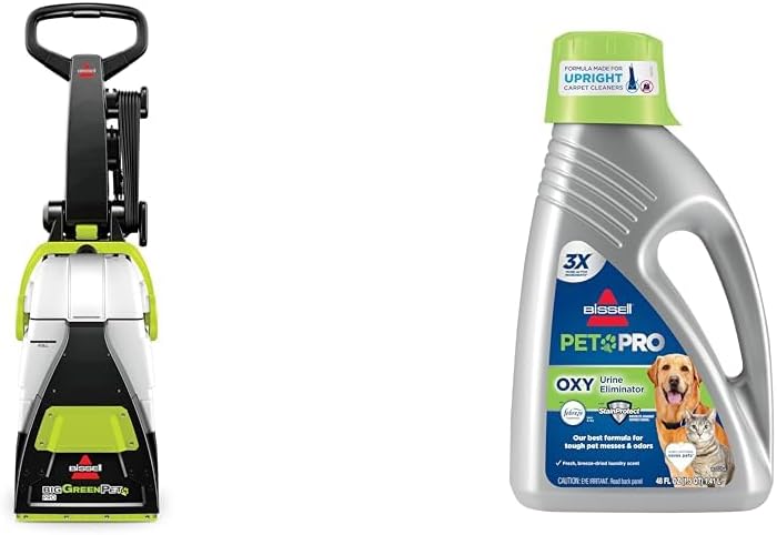 Limpiador de alfombras Bissell Big Green PET PRO con cepillo el&eacute;ctrico DirtLifter XL de 8 filas, manguera de largo alcance de 9 pulgadas, 2 herramientas para tapicer&iacute;a + champ&uacute; limpiador de alfombras para mascotas Bissell Professional, 48 onzas, plateado