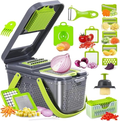 22 in 1 Vegetable Chopper with Container and Interchangeable Blades, Manual Vegetable Cutter with Slicer, Julienne, Grater Attachments and Hand Guard
