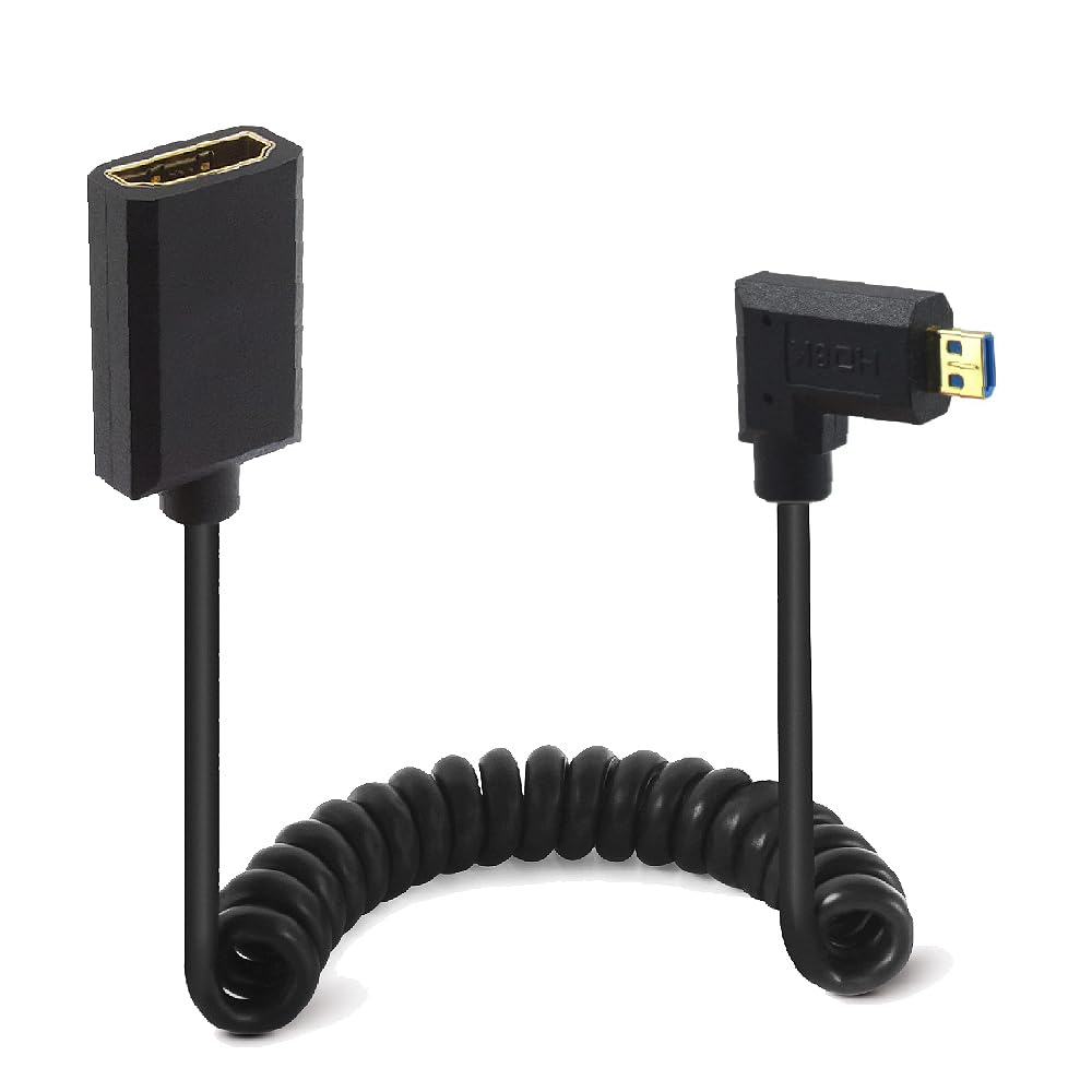 Right Angle Micro HDMI 2.1 to HDMI 2.1 Extensin Coiled Cable 1-3.9ft, 48Gbps Extender, 8K@60Hz/4K@120Hz/2K@240Hz, 3D, HDCP2.3, Dolby, Dynamic HDR,