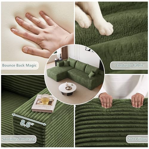 Image of 95 inch Modular Sectional Sofa, Modern Corduroy Cloud Couch with Side Pockets, Boneless Couch Upholstered 3-Seater L-Shaped Sofa for Living Room, No Assembly Required (Green,Left-Facing Chaise)