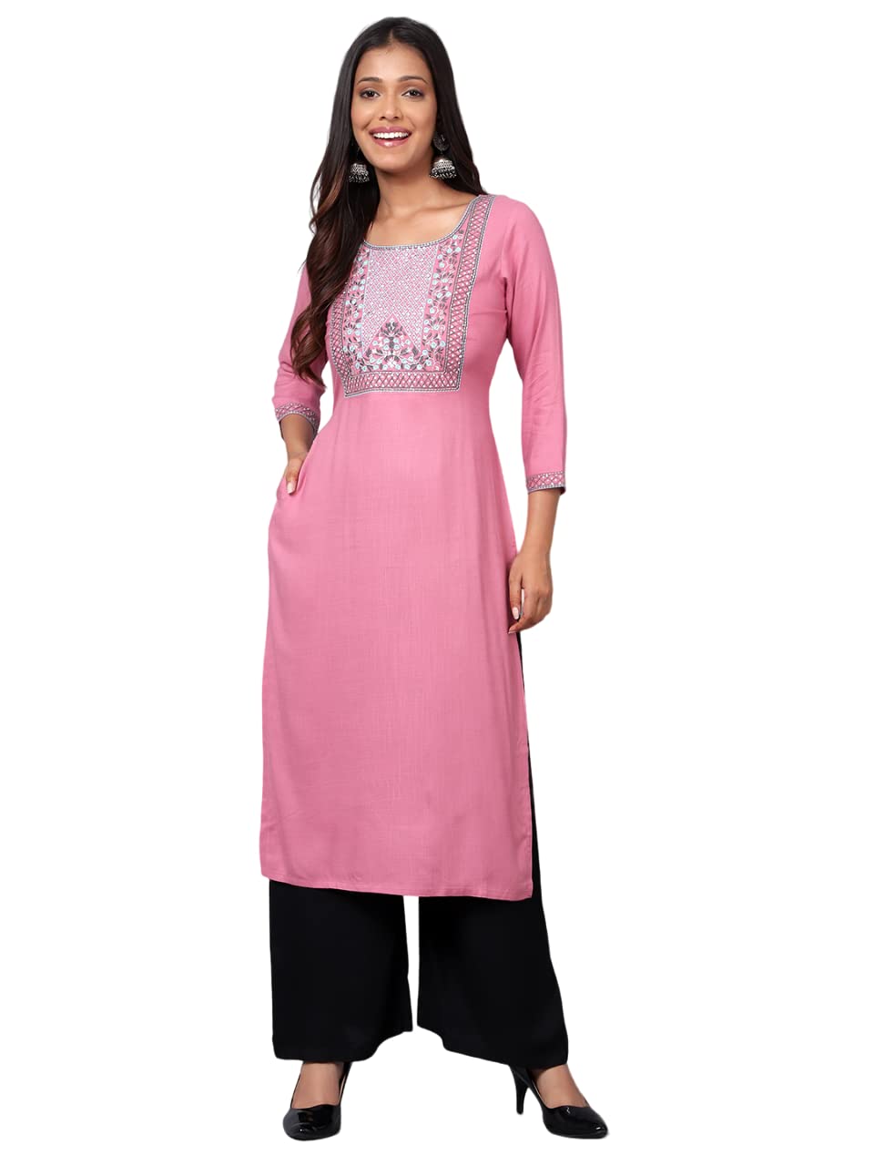 Bani WomenRayon Embroidered Kurti 3/4 Sleeve Round Neck Kurta for Women Indian Style Top Festive Indian Clothing