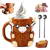 3D Highland Cow Ice Cream Holder, Highland Cow Ice Pint Holder mit 2 Löffeln, Highland Cow Eisbecher Halter, Cute Animal Ice Creams Cooler Container, für Zuhause, Picknick, Party, Camping